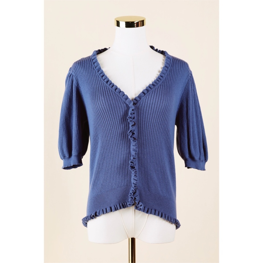 Sz L PAIGE Tasha Short Sleeve Cotton & Silk Blend Cardigan In Blue Yonder EUC